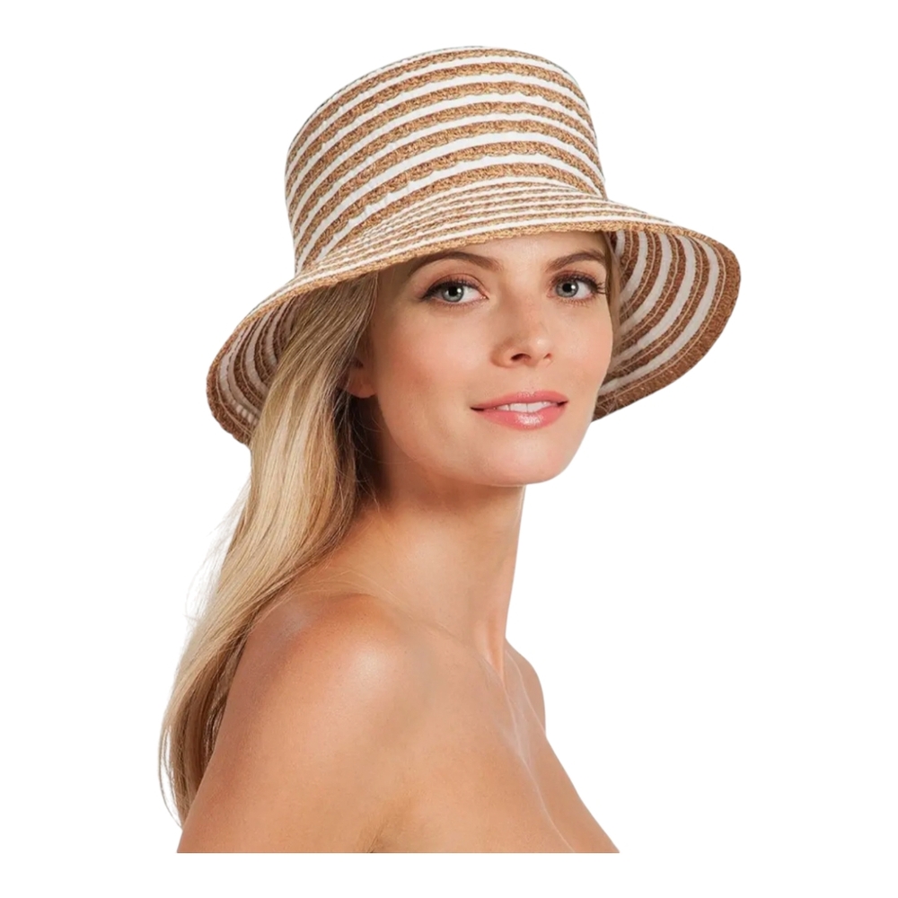 Eric Javits Squishee Packable Woven Sun Hat UPF 50+  White Natural Stripe